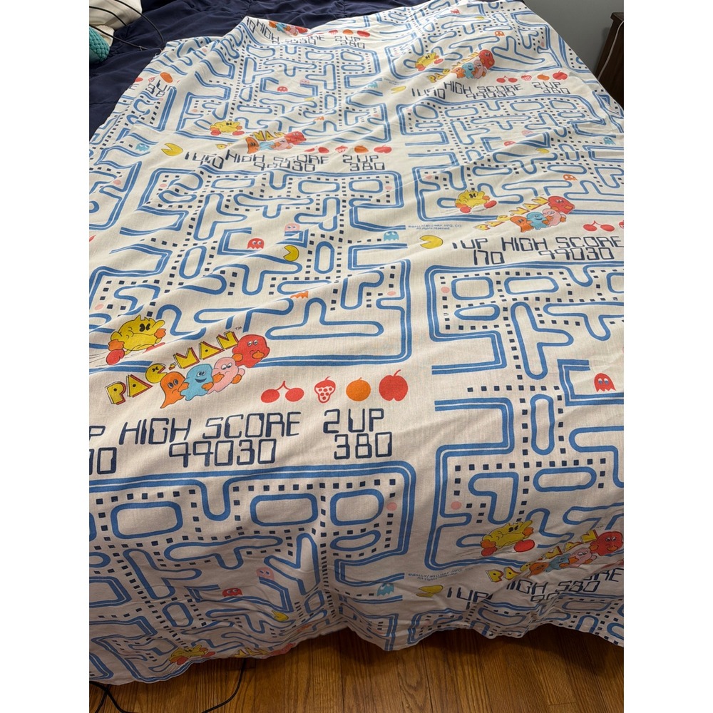 Dan River Pac-Man Flat Sheet Kids Twin White Vintage 80s Video Game Bally Midway